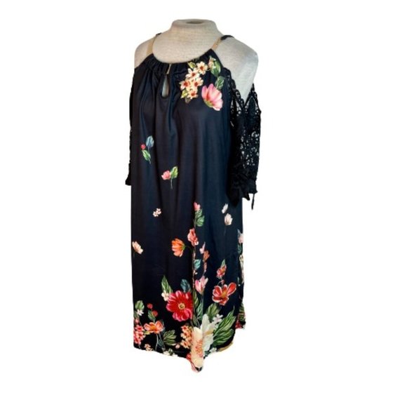 Unbranded Dresses & Skirts - Cold Shoulder Floral Stretch Knit Mini Dress Black